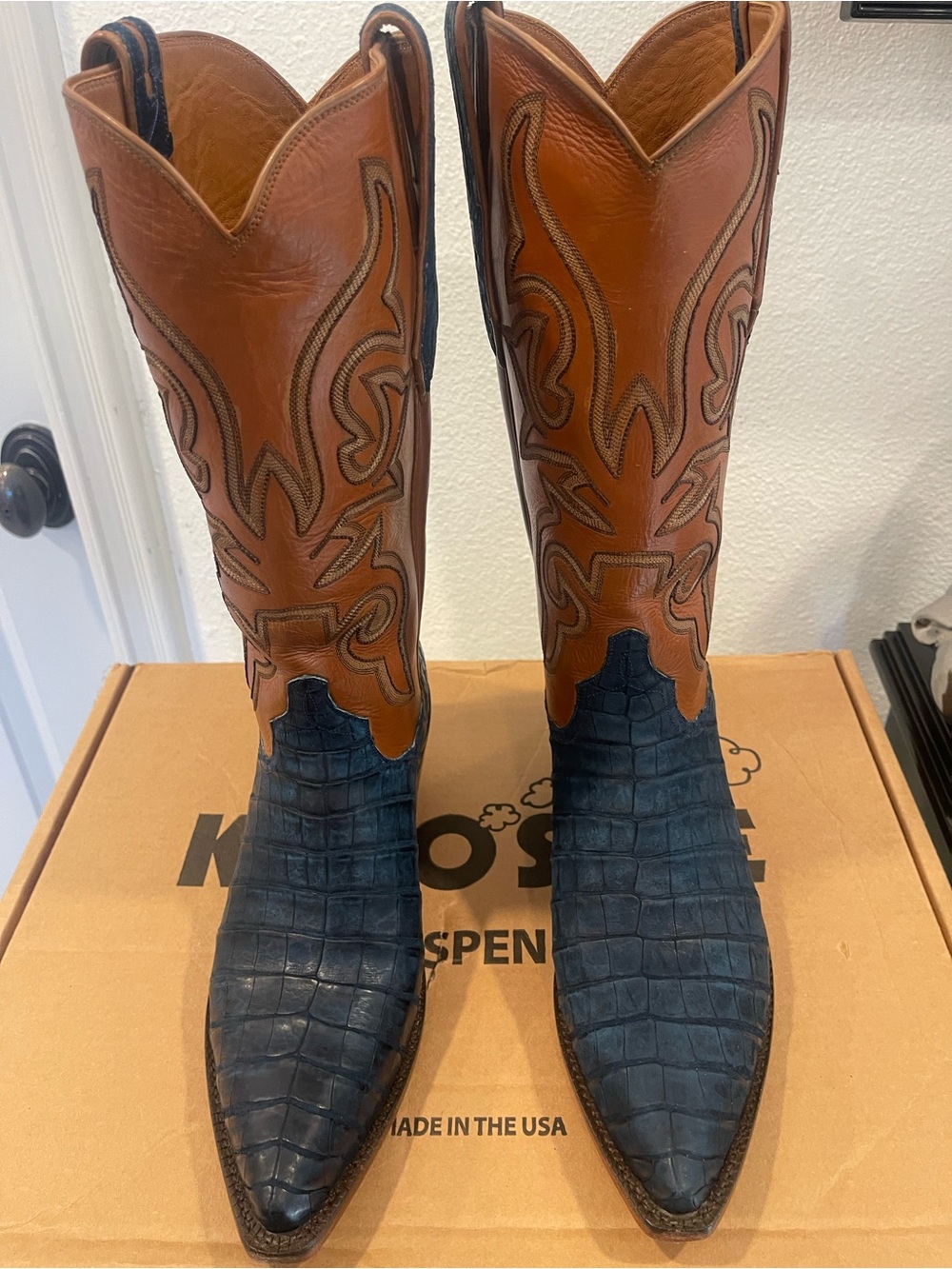 Men's Two-Tone Brown & Blue Leather Western Cowboy Boots